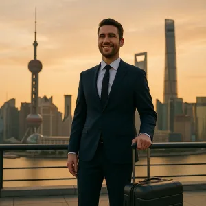 Smiling business traveler in a suit holding a suitcase on a rooftop at sunset, with the Shanghai skyline in the background, symbolizing success after a business trip.