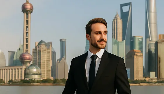 Business traveler arriving in Shanghai with suitcase, standing in front of the modern skyline, symbolizing preparation for a business trip to China.