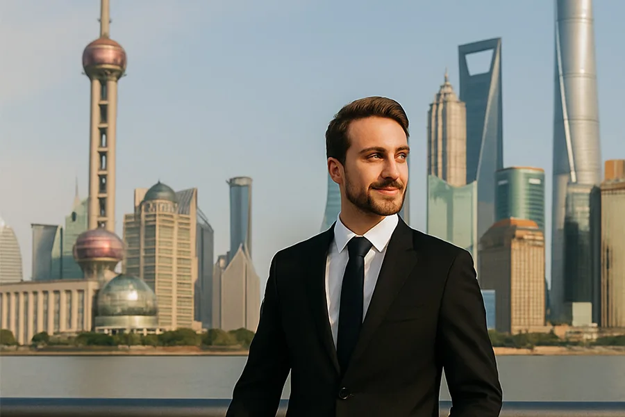 Business traveler arriving in Shanghai with suitcase, standing in front of the modern skyline, symbolizing preparation for a business trip to China.