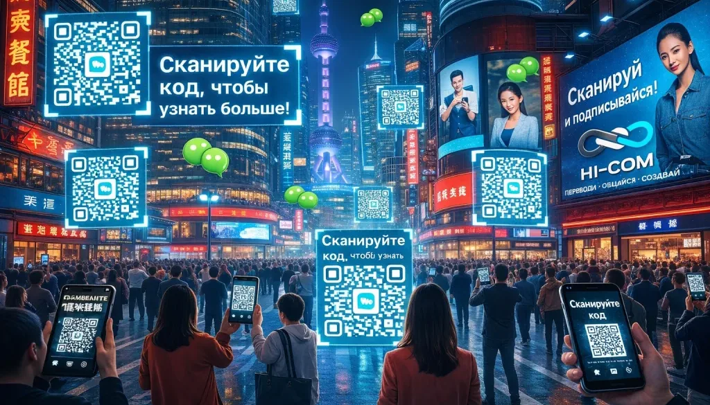 Футуристическая ночная улица Шанхая с неоновыми вывесками, где люди сканируют QR-коды на смартфонах, а цифровые интерфейсы и экраны создают атмосферу умного города и цифровой экосистемы.