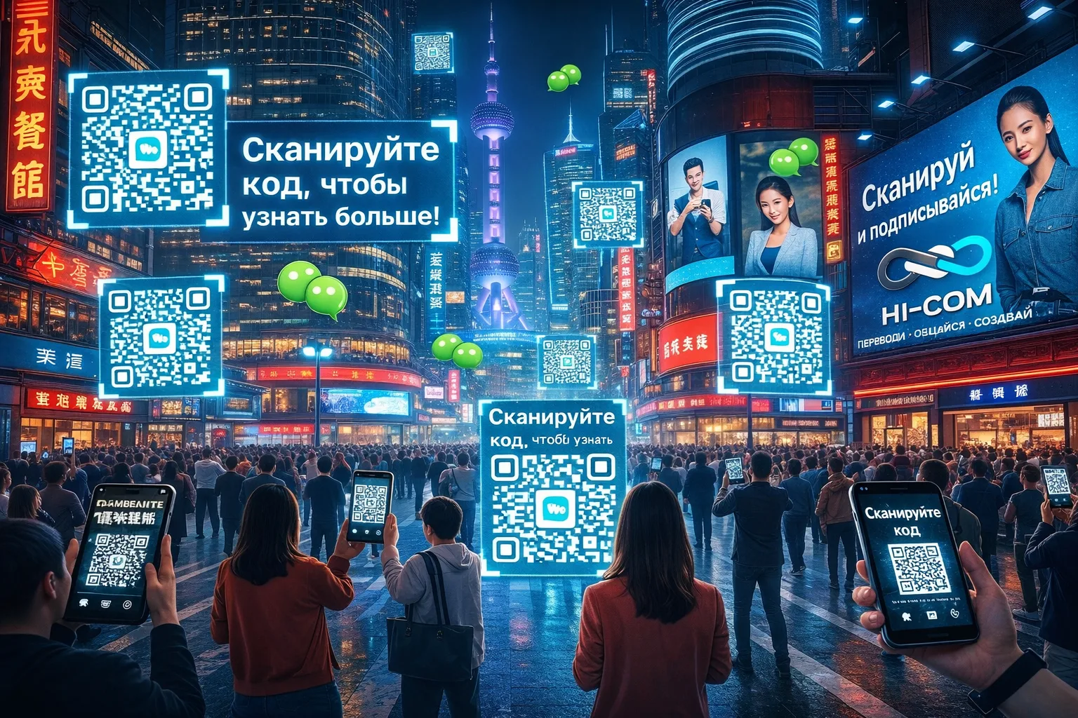 Футуристическая ночная улица Шанхая с неоновыми вывесками, где люди сканируют QR-коды на смартфонах, а цифровые интерфейсы и экраны создают атмосферу умного города и цифровой экосистемы.