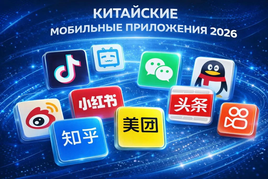 популярные китайские мобильные приложения: WeChat, Douyin, Xiaohongshu, Weibo, Zhihu и Kuaishou