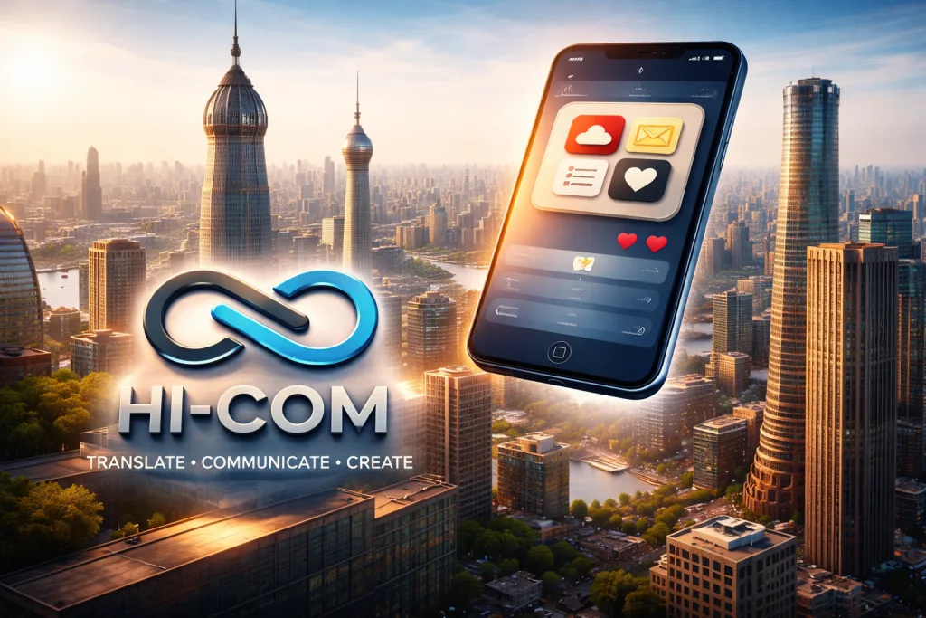 HI-COM mobile app floating above a Shanghai skyline with a 3D brand logo in a premium digital illustration