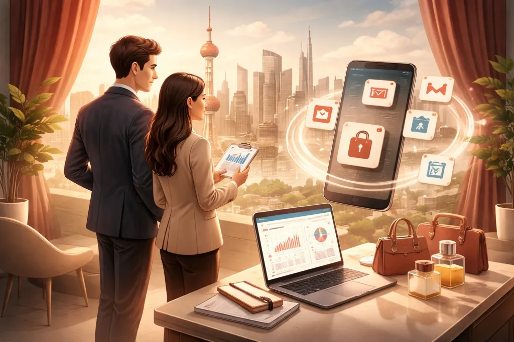International brand team evaluating entry into the Chinese market with Shanghai skyline, digital commerce tools, and market analysis visuals.
