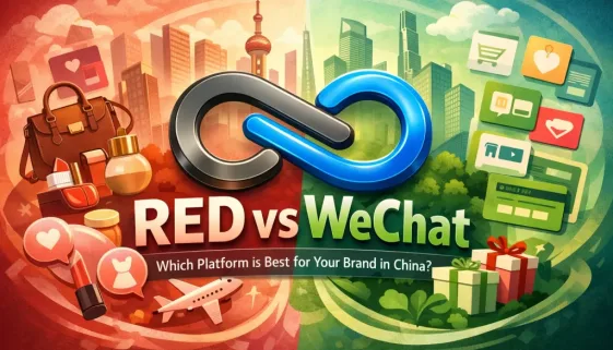 HI-COM logo centered between RED and WeChat visuals, illustrating brand launch strategy in China with discovery on Xiaohongshu and conversion on WeChat.