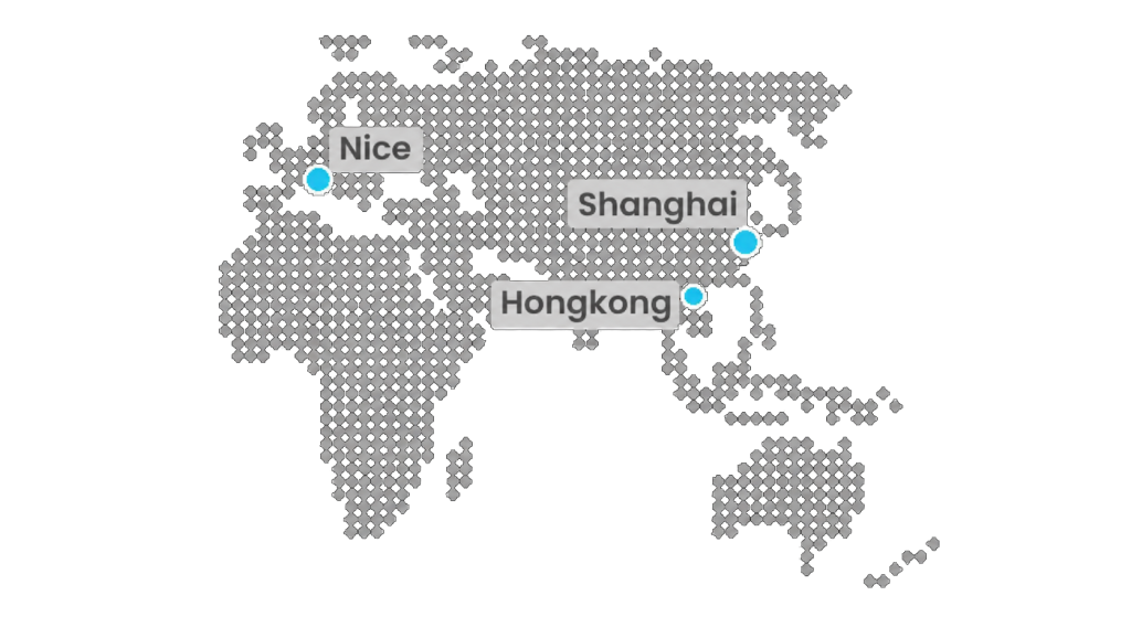 Dotted world map showing office locations in Nice, Shanghai, and Hongkong with blue location markers.