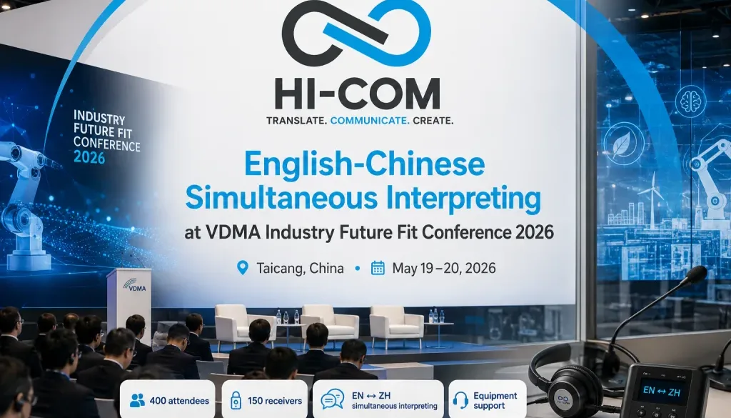 HI-COM English-Chinese simultaneous interpreting at the VDMA Industry Future Fit Conference 2026 in Taicang, featuring conference interpreting equipment and smart manufacturing visuals.