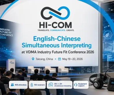 HI-COM English-Chinese simultaneous interpreting at the VDMA Industry Future Fit Conference 2026 in Taicang, featuring conference interpreting equipment and smart manufacturing visuals.