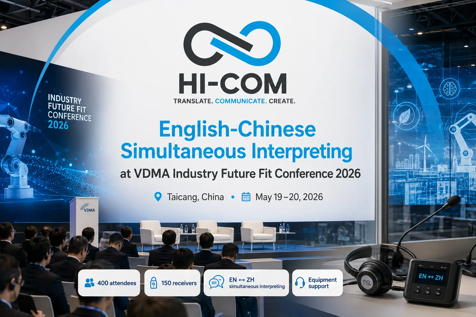 HI-COM English-Chinese simultaneous interpreting at the VDMA Industry Future Fit Conference 2026 in Taicang, featuring conference interpreting equipment and smart manufacturing visuals.