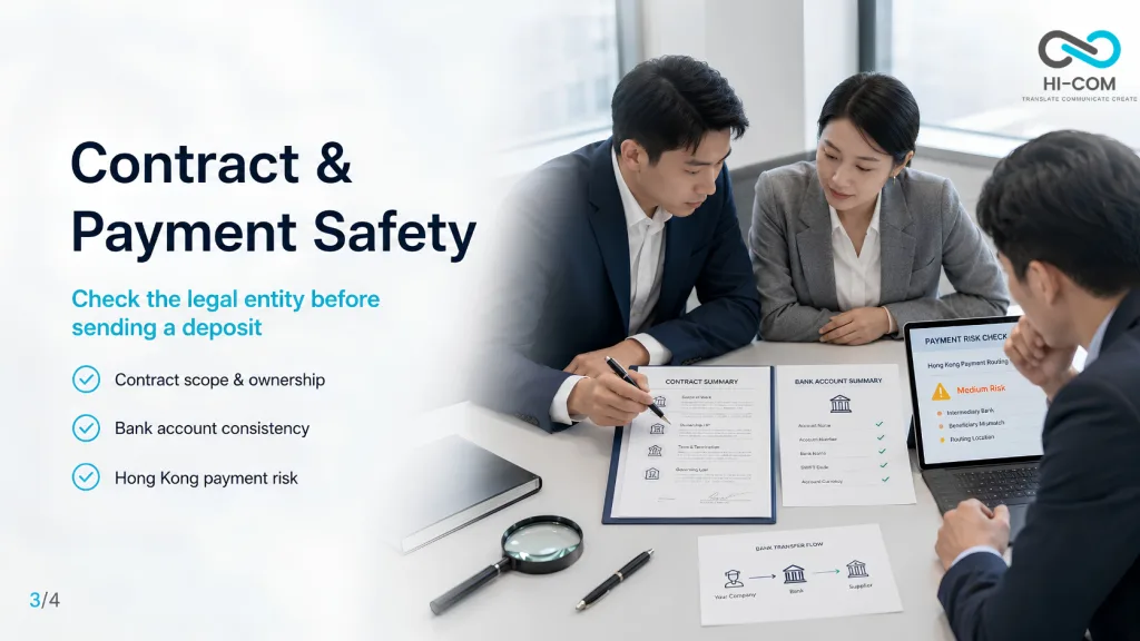 Contract and payment safety in China: verify legal entity, bank account consistency and Hong Kong payment risk