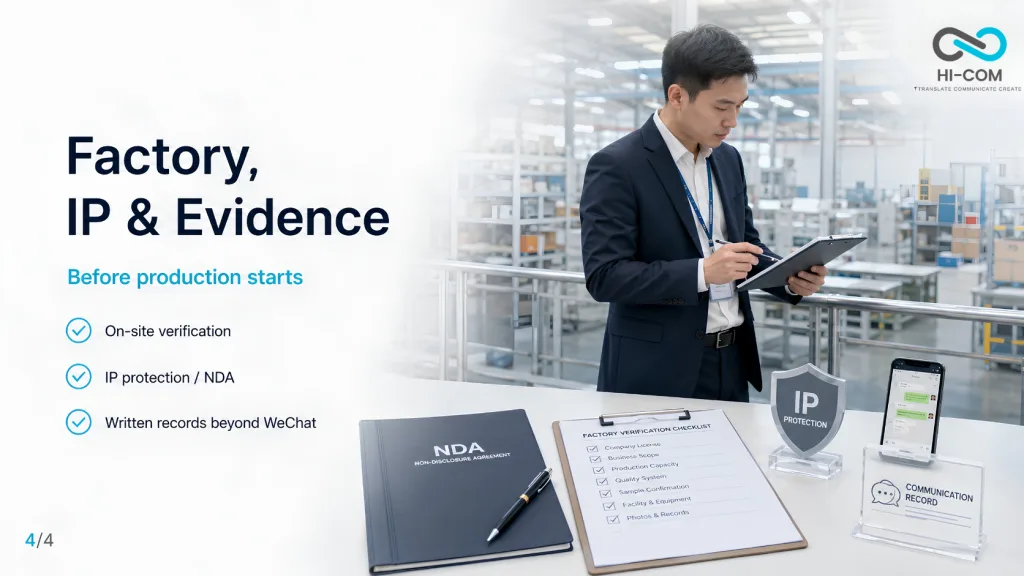 Factory verification in China before production: on-site checks, IP protection, NDA and written records beyond WeChat
