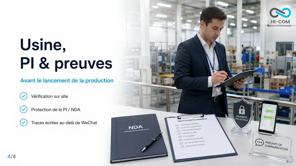 Audit d’usine en Chine avant production : vérification sur site, protection PI, NDA et preuves écrites au-delà de WeChat avec HI-COM.