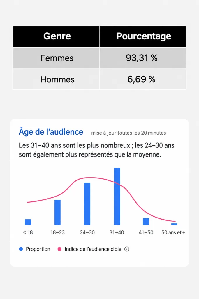 Visuel d’analyse d’audience en français pour une campagne KOL Douyin, montrant une audience majoritairement féminine et une forte présence des 31 à 40 ans.