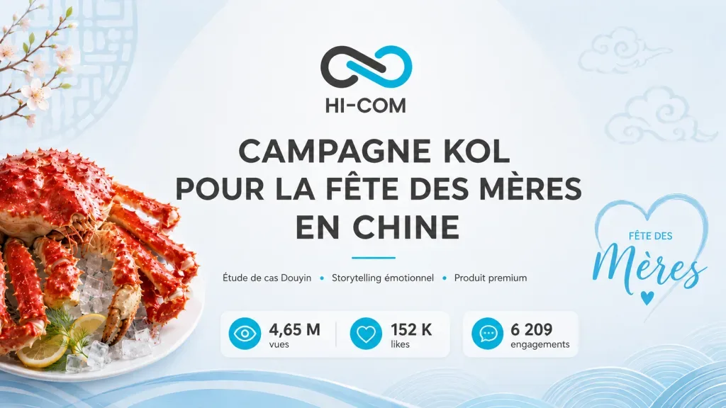 Visuel de couverture HI-COM pour une campagne KOL en Chine à l’occasion de la Fête des Mères, avec logo centré, titre en français et illustration de crabe royal dans un style professionnel et élégant.