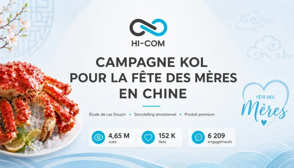 Visuel de couverture HI-COM pour une campagne KOL en Chine à l’occasion de la Fête des Mères, avec logo centré, titre en français et illustration de crabe royal dans un style professionnel et élégant.