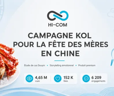 Visuel de couverture HI-COM pour une campagne KOL en Chine à l’occasion de la Fête des Mères, avec logo centré, titre en français et illustration de crabe royal dans un style professionnel et élégant.