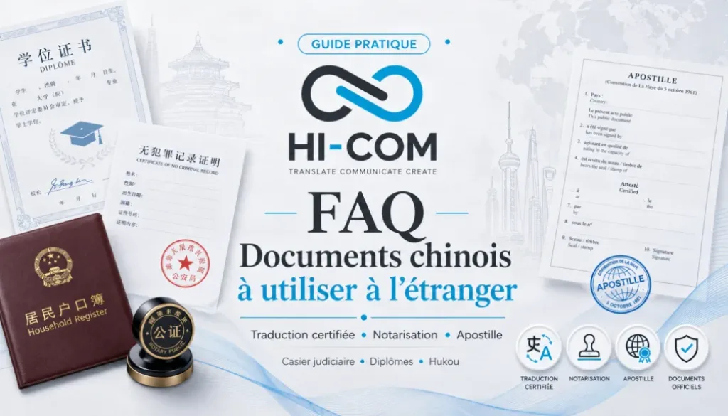 Visuel de couverture HI-COM pour une FAQ sur les documents chinois à utiliser à l’étranger, incluant traduction certifiée, notarisation, apostille, casier judiciaire, diplôme et hukou.