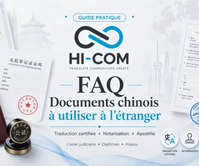 Visuel de couverture HI-COM pour une FAQ sur les documents chinois à utiliser à l’étranger, incluant traduction certifiée, notarisation, apostille, casier judiciaire, diplôme et hukou.