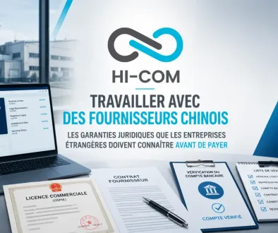 Documents business sur un bureau pour vérifier un fournisseur chinois, son contrat, sa licence d’activité et ses coordonnées bancaires avant paiement