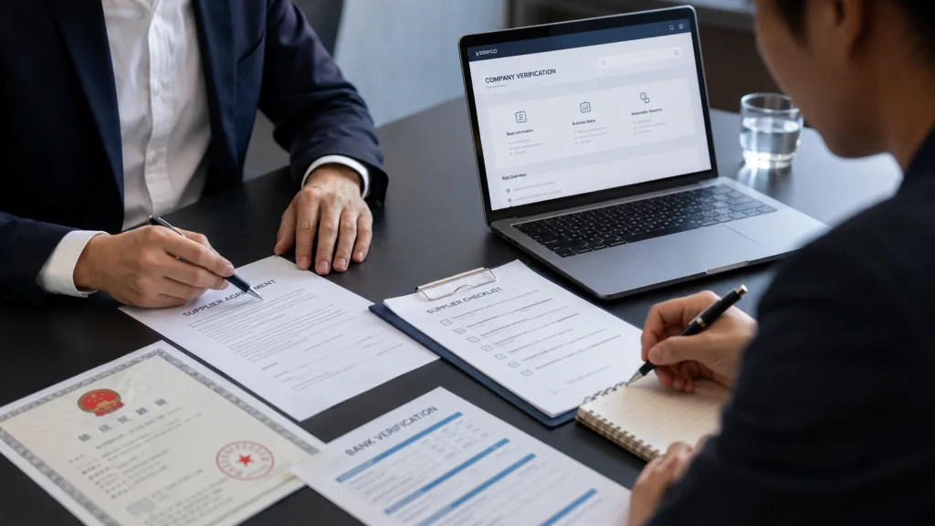Business meeting reviewing supplier due diligence documents before working with a Chinese supplier.