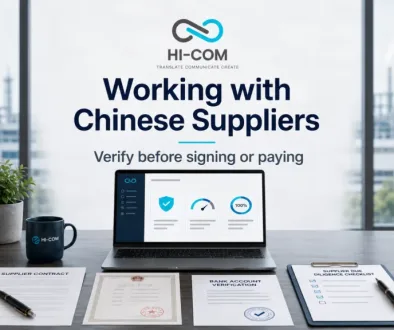 Business documents on a desk showing Chinese supplier verification, contract review, bank account checks and due diligence before payment
