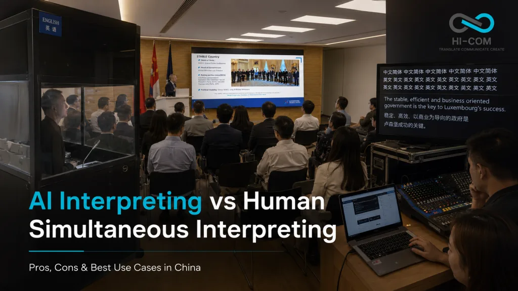 AI interpreting and simultaneous interpreting in China with HI-COM Asia, showing live captioning, English-Chinese event translation and conference interpreting support.