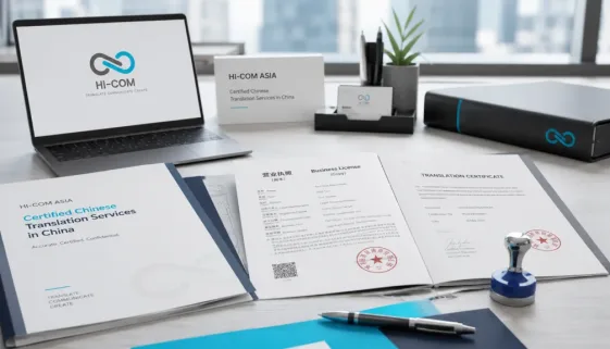 Featured image for HI-COM Asia certified Chinese translation services in China, showing official translated documents, certification seal, multilingual document support and China-based business context.