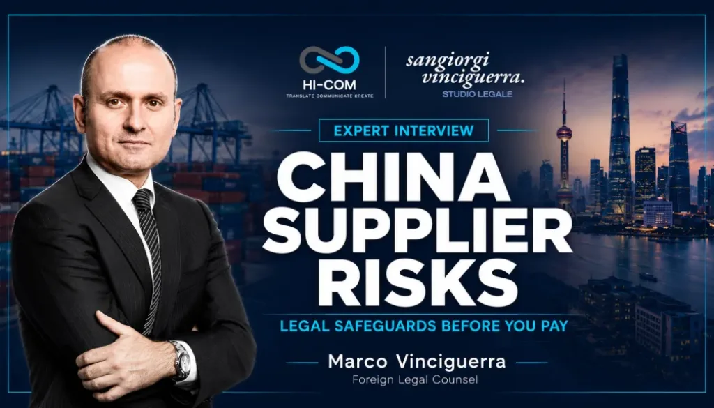 Article cover featuring Marco Vinciguerra discussing China supplier risks and legal safeguards before you pay, with HI-COM Asia and Sangiorgi Vinciguerra logos.