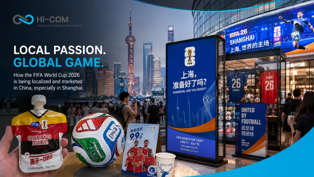 Hero image illustrating how the FIFA World Cup 2026 becomes a local marketing opportunity in China, with Shanghai, football retail displays and HI-COM branding.