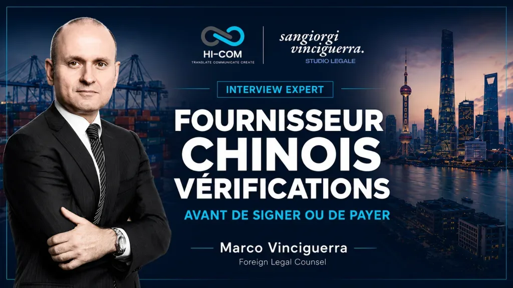 Visuel de couverture avec Marco Vinciguerra sur les vérifications à effectuer avant de signer ou de payer un fournisseur chinois, avec les logos HI-COM et Sangiorgi Vinciguerra.