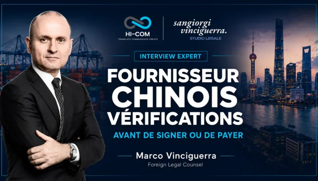Visuel de couverture avec Marco Vinciguerra sur les vérifications à effectuer avant de signer ou de payer un fournisseur chinois, avec les logos HI-COM et Sangiorgi Vinciguerra.
