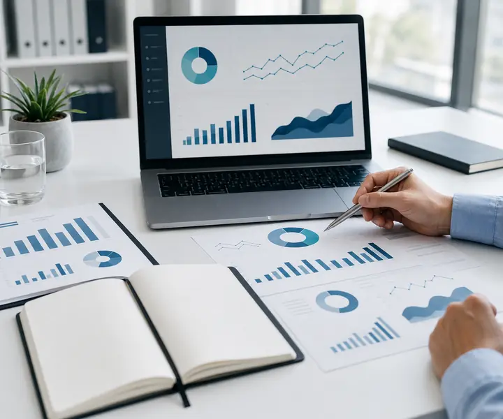 Market research charts and data analysis on a professional workspace