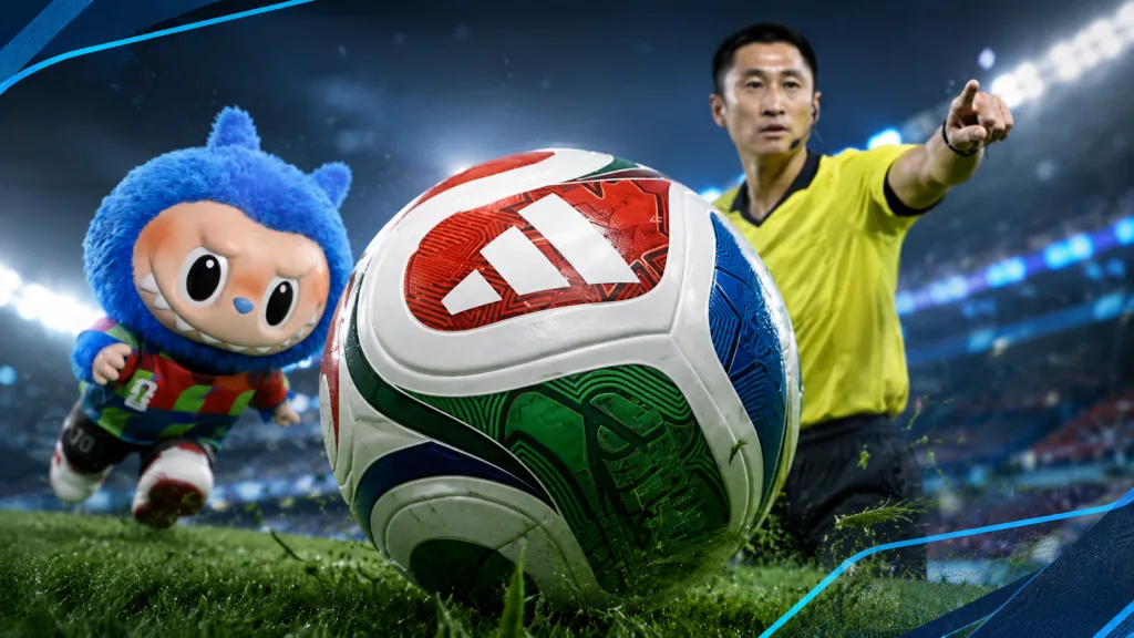 Composite visual for a World Cup 2026 article showing a Chinese football referee pointing on the pitch, a special football-themed Labubu doll in front of a goal, and the official Trionda match ball, with HI-COM branding in a polished sports graphic layout.