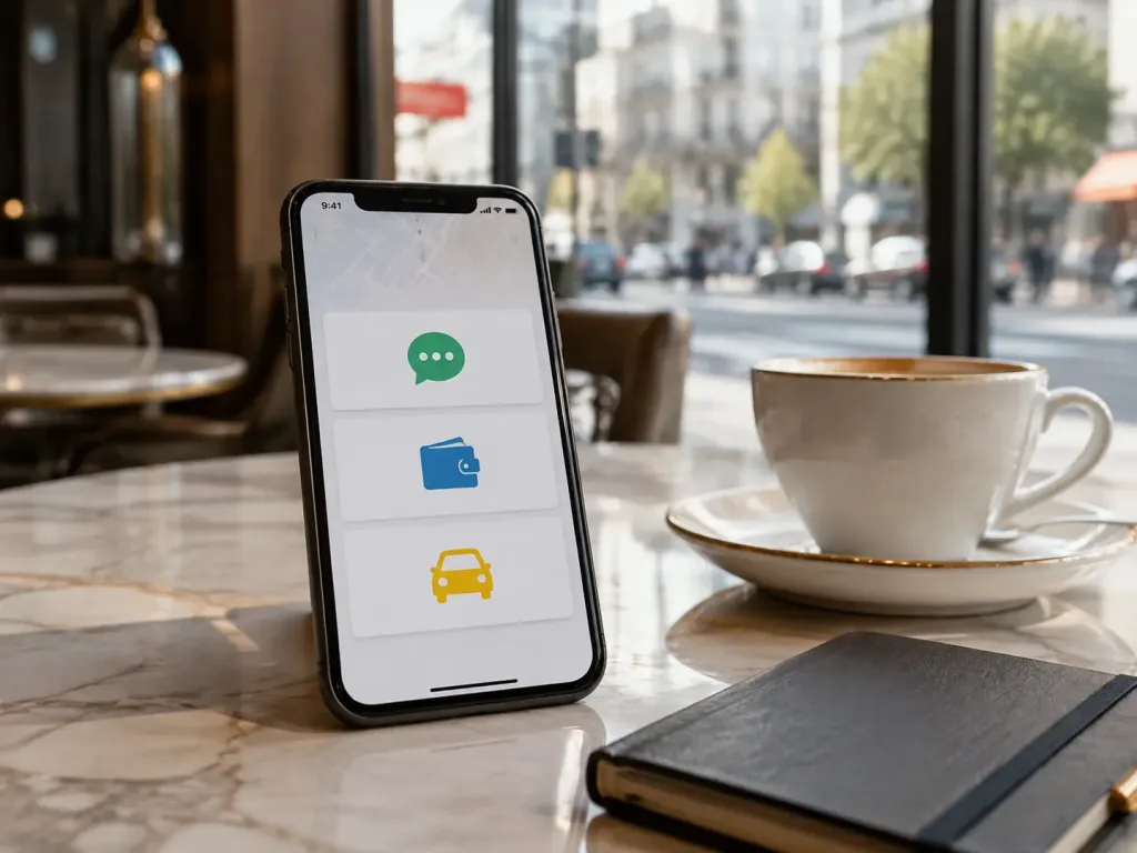 Smartphone displaying generic messaging, mobile payment and ride-hailing tools on a café table in China.
