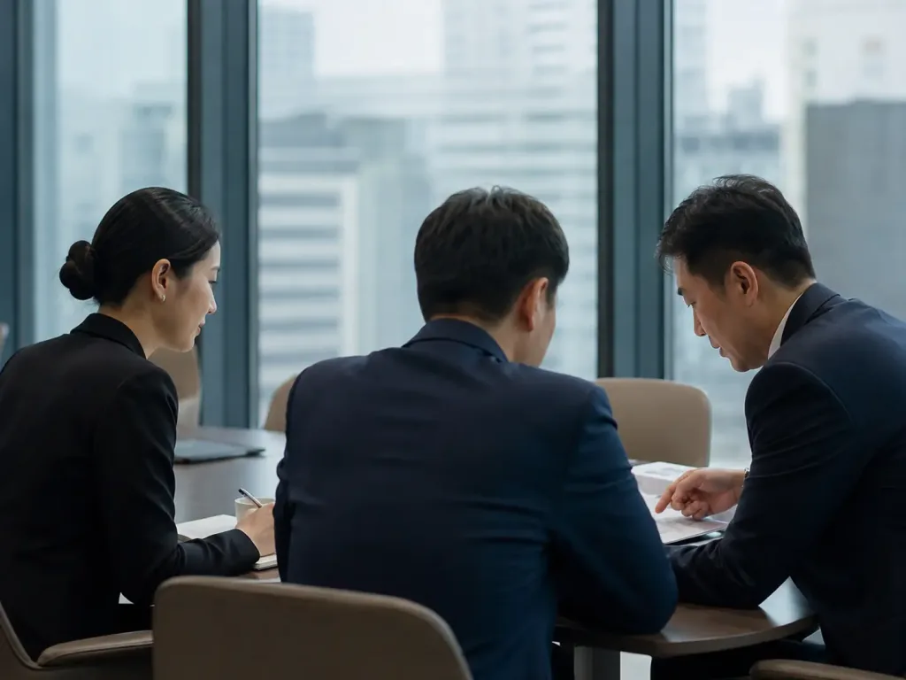 Professional interpreter assisting two colleagues during a business meeting in a modern Shanghai office.