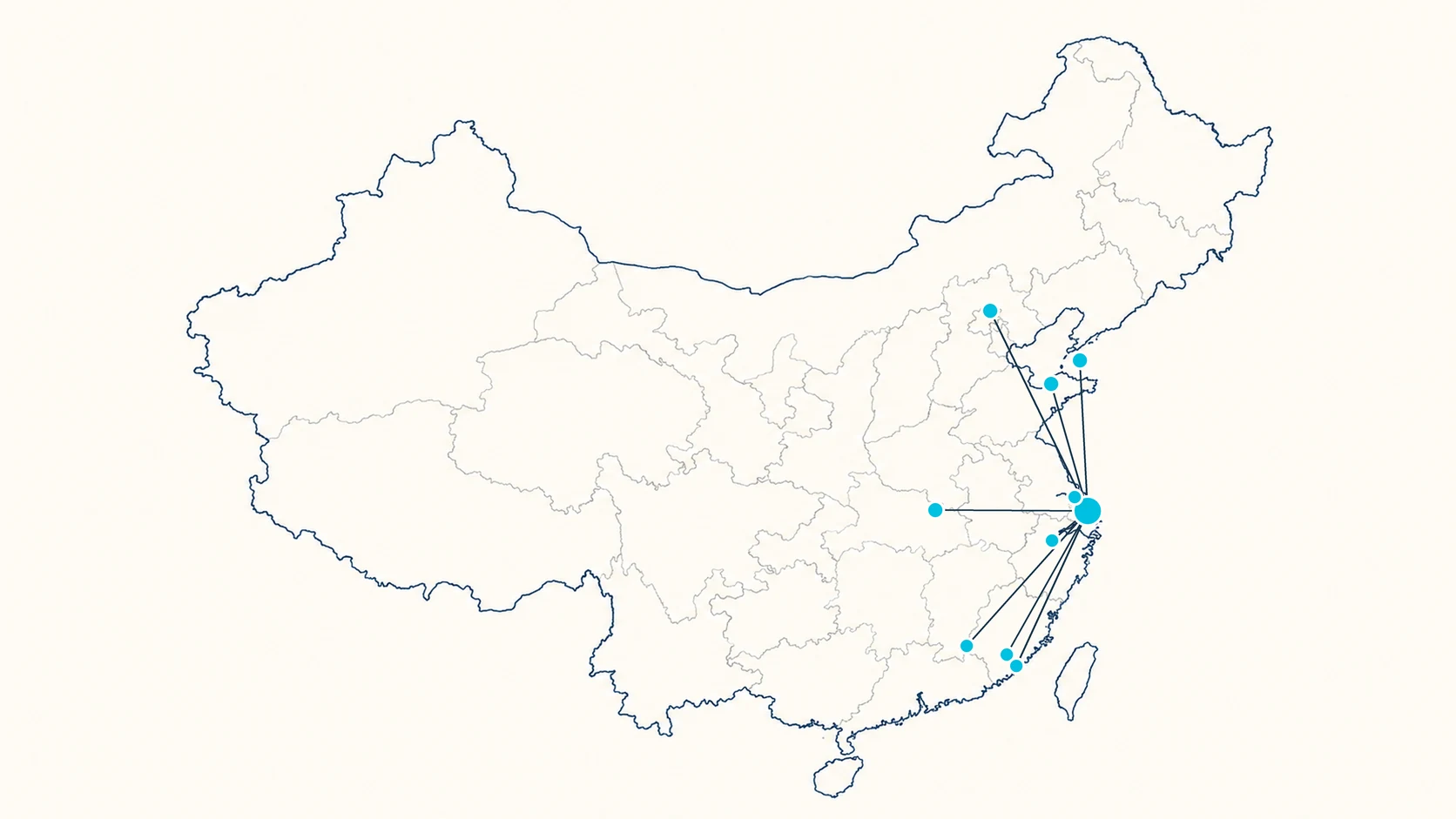 Editorial map of China showing HI-COM's event and exhibition support locations across Shanghai, Beijing, Qingdao, Wuhan, Weihai, Taicang, Chengdu and Guangzhou
