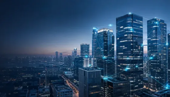 China business district skyline with a connected partner network overlay, representing HI-COM's China-based partner search and distribution services