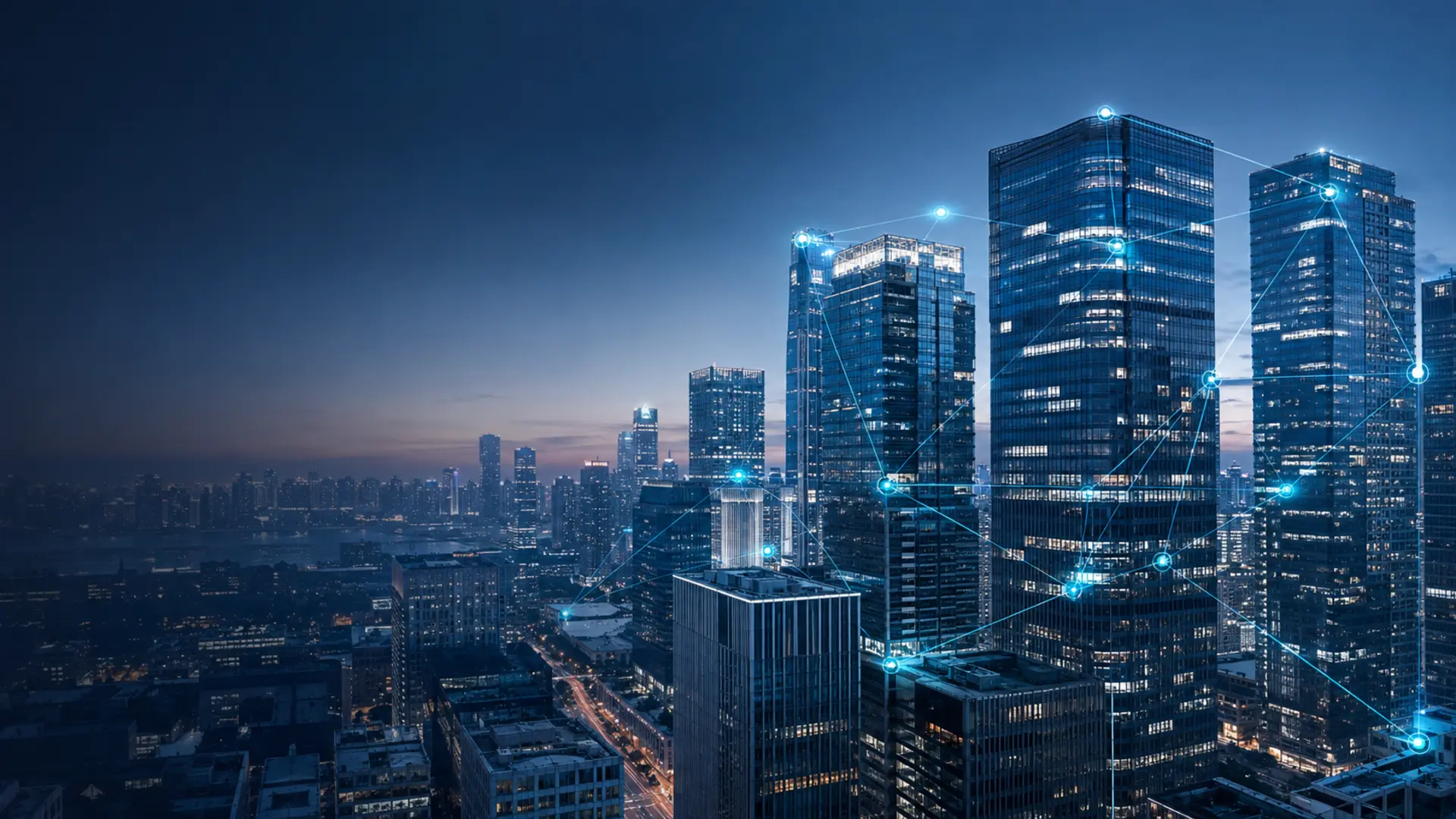 China business district skyline with a connected partner network overlay, representing HI-COM's China-based partner search and distribution services