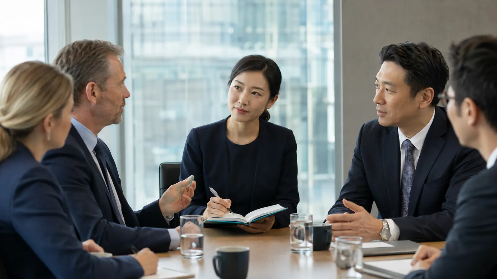 Professional interpreter supporting an international business meeting between Chinese and overseas delegates