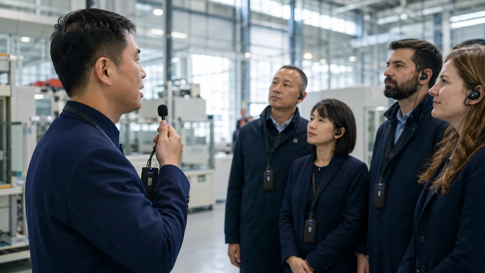 HI-COM interpreter using portable tour-guide equipment to support an international delegation during a factory visit in China