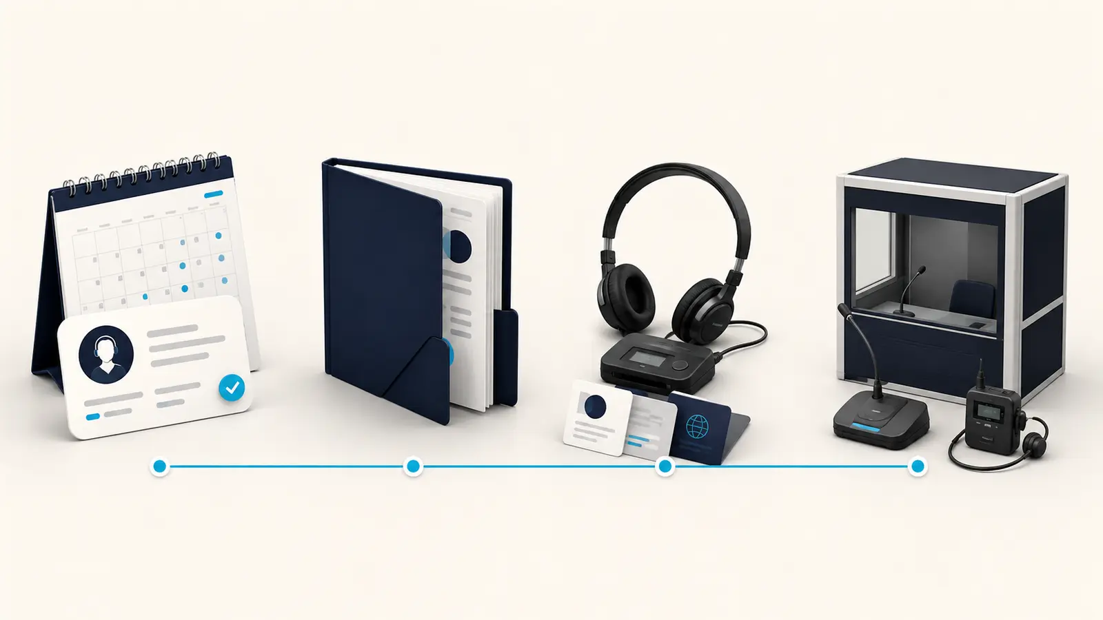 Visual process showing interpreter selection, briefing, equipment preparation and live interpreting delivery