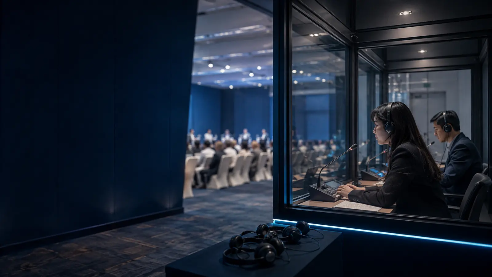Professional interpreters working in a simultaneous interpreting booth at an international conference in China