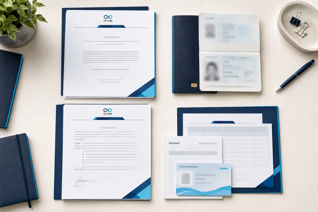 HI-COM certified translation and official document preparation materials with passport and employment records