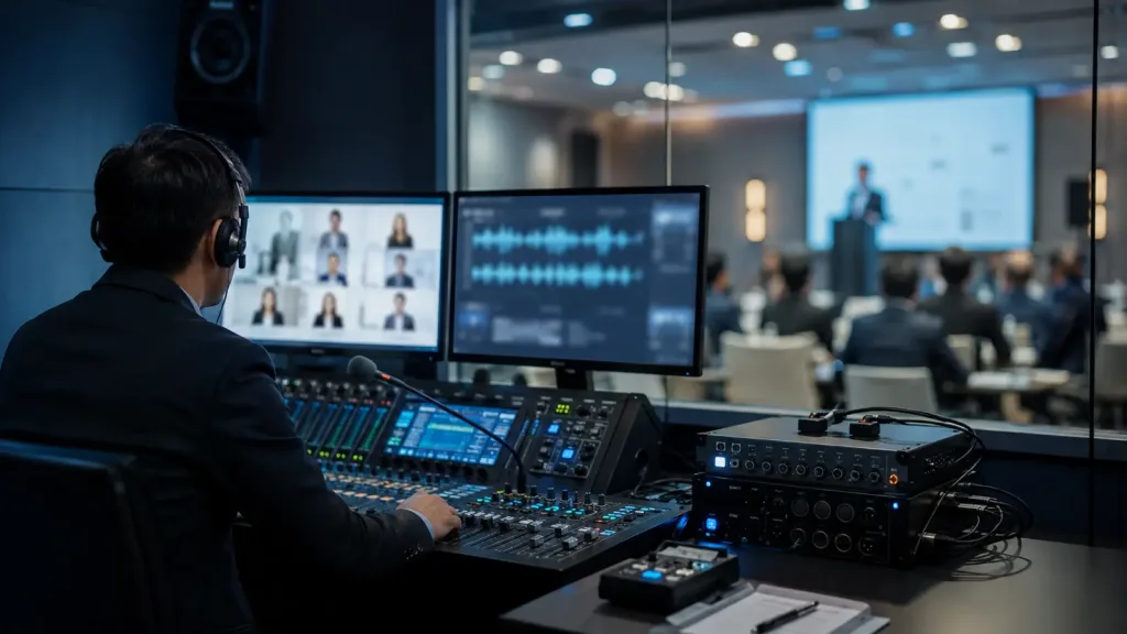 HI-COM technical control room monitoring a remote and hybrid simultaneous interpreting deployment