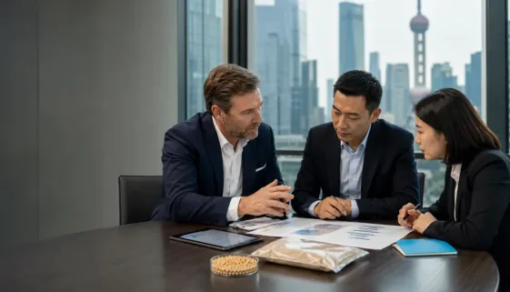 International business representatives reviewing soybean protein market research during a China business matchmaking meeting