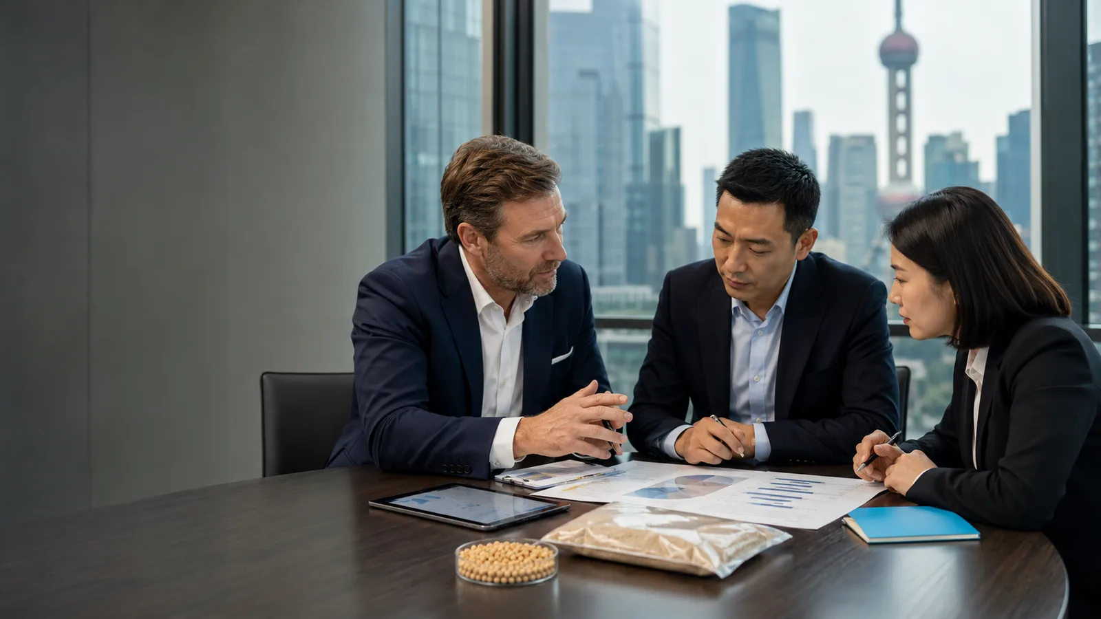 International business representatives reviewing soybean protein market research during a China business matchmaking meeting