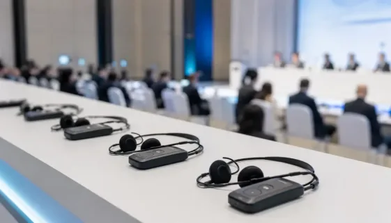 Interpretation receivers and headsets prepared for a professional international conference in China