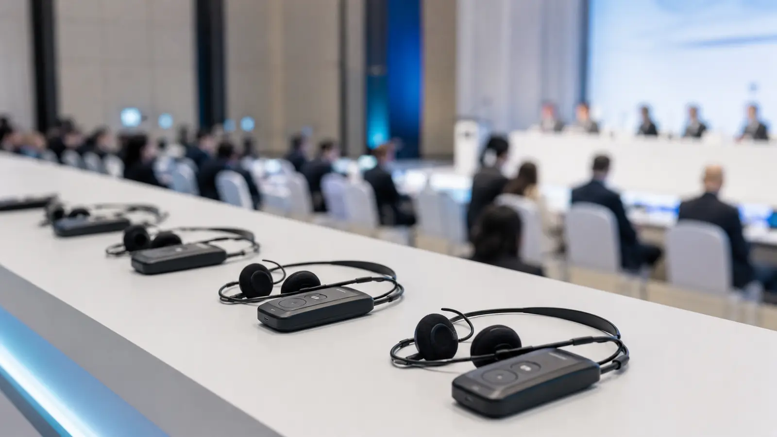Interpretation receivers and headsets prepared for a professional international conference in China