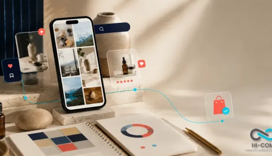 HI-COM Xiaohongshu marketing visual showing a phone with lifestyle content discovery, product reviews and a shopping-bag conversion icon.