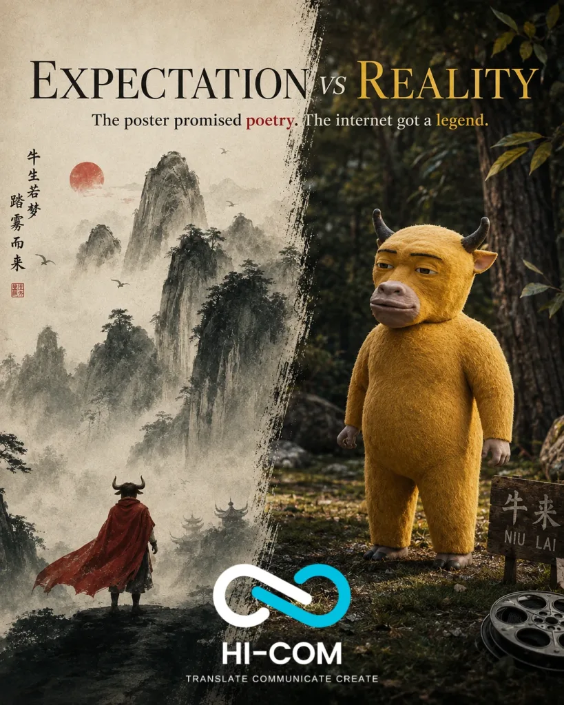 Comparison between Niu Lai's poetic Chinese ink-wash poster style and its unusual 3D animation